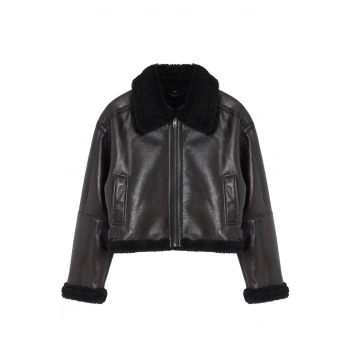 Kadın Moda Şık Oversize Gömlek Yaka Standart Düz Astarsız Peluş Detaylı Biker Ceket Mont