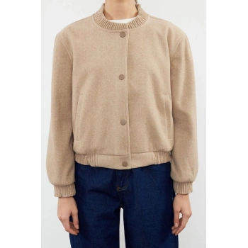 Kadın Moda Şık Regular Hakim Yaka Standart Düz Astarlı Kaşe Bomber Ceket Mont