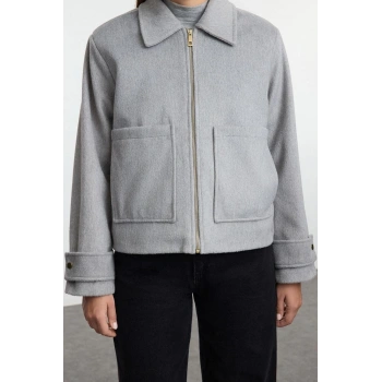 Kadın Moda Şık Oversize Gömlek Yaka Standart Düz Astarlı Oversize Kaşe İnce Ceket Mont