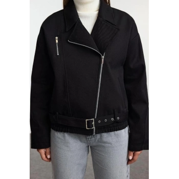 Kadın Moda Şık Oversize Gömlek Yaka Standart Düz Astarlı Kemerli Gabardin Biker İnce Ceket Mont