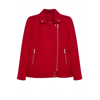 Kadın Moda Şık Regular Ceket Yaka Standart Düz Astarlı Regular Örme Kaşe Biker İnce Ceket Mont