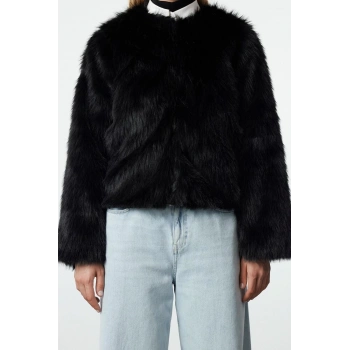 Kadın Moda Şık Bol Bisiklet Yaka Standart Düz Astarlı Oversize Kürk Mont