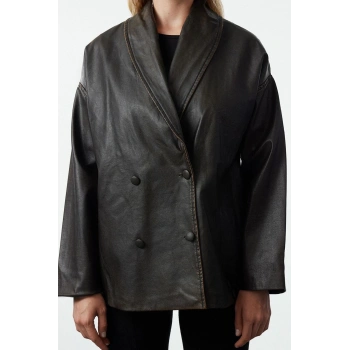 Kadın Moda Şık Oversize Şal Yaka Midi Düz Astarlı Oversize Yakası Kürk Detaylı Suni Deri Mont