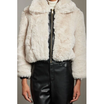 Kadın Moda Şık Bol Gömlek Yaka Standart Düz Astarlı Suni Deri Detaylı Bomber Mont