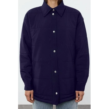 Kadın Moda Şık Bol Gömlek Yaka Midi Düz Astarlı Oversize Kapitone Şişme Mont