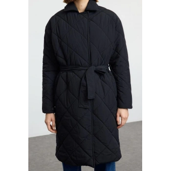 Kadın Moda Şık Bol Ceket Yaka Uzun Düz Astarlı Oversize Kuşaklı Uzun Kapitone Şişme Mont