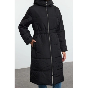 Kadın Moda Şık Oversize Dik Yaka Uzun Düz Astarlı Oversize Kapüşonlu Beli Lastikli Uzun Mont