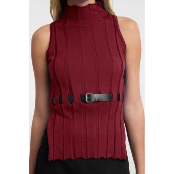 Kadın Moda Şık Dik Yaka Standart Kol Regular Kemerli Triko Süveter