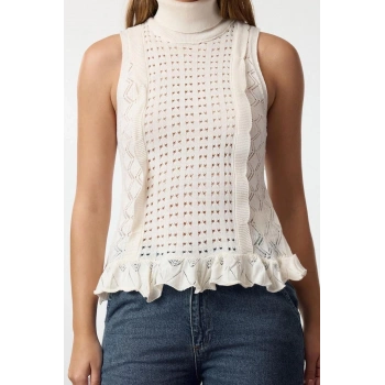 Kadın Moda Şık Balıkçı Yaka Standart Kol Regular Ajurlu Triko Süveter