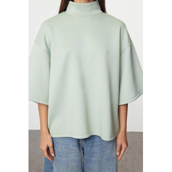 Kadın Moda Şık Oversize Dik Yaka Düşük Kol Uzun Geniş Kalıp Truvakar Kol Örme Sweatshirt