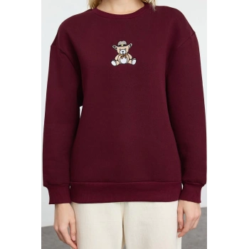 Kadın Moda Şık Relaxed Bisiklet Yaka Düşük Kol Regular Rahat Kalıp Nakışlı Kalın Örme Sweatshirt