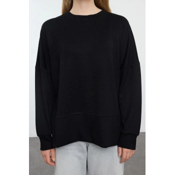 Kadın Moda Şık Bol Bisiklet Yaka Düşük Kol Uzun Geniş Kesim Yırtmaçlı Yumuşak Tuşeli Örme Sweatshirt