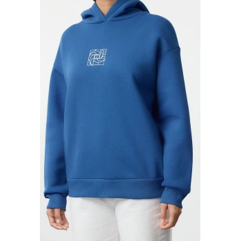 Kadın Moda Şık Bol Kapüşonlu Düşük Kol Uzun Geniş Kalıp Nakışlı Kalın İçi Polarlı Örme Sweatshirt