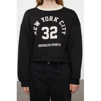 Kadın Oversize Bisiklet Yaka Düşük Kol Crop Slogan Geniş Kalıp Kalın İçi Polarlı Örme Sweatshirt