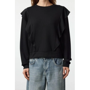 Kadın Relaxed Bisiklet Yaka Büzgülü/Fırfırlı Kol Regular Fırfır Detaylı Rahat Kalıp Örme Sweatshirt