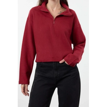 Kadın Fermuarlı Yaka Düşük Kol Bordo-Antrasit 2Li Paket Selanik Kalıp Fermuarlı Yaka Örme Sweatshirt