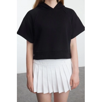 Kadın Moda Şık Relaxed Kapüşonlu Ay Kol Crop Ay Kol Crop Rahat Kalıp Örme Sweatshirt