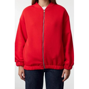 Kadın Oversize Bisiklet Yaka Düşük Kol Uzun Fermuarlı Geniş Kalıp Kalın İçi Polarlı Örme Sweatshirt