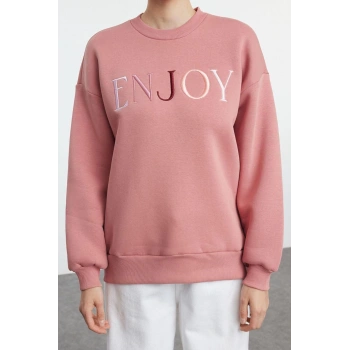 Kadın Regular Bisiklet Yaka Düşük Kol Standart Slogan Nakış Detaylı Normal Kalıp Örme Sweatshirt