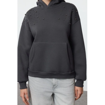 Kadın Moda Şık Relaxed Kapüşonlu Düşük Kol Uzun Taşlı Rahat Kalıp Kalın içi Polarlı Örme Sweatshirt