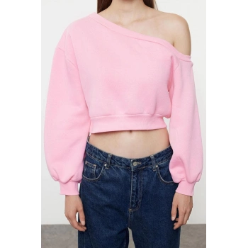 Kadın Asimetrik Yaka Balon Kol Crop Kalıp Kalın İçi Polarlı Crop Asimetrik Yaka Örme Sweatshirt