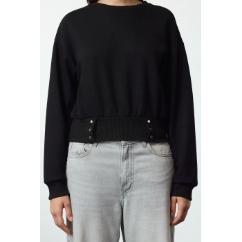 Kadın Moda Şık Bol Bisiklet Yaka Düşük Kol Uzun Çıtçıtlı Rahat Kalıp Crop Kalın Örme Sweatshirt