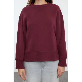 Kadın Regular Bisiklet Yaka Düşük Kol Regular Kalın İçi Polarlı Normal Kalıp Basic Örme Sweatshirt