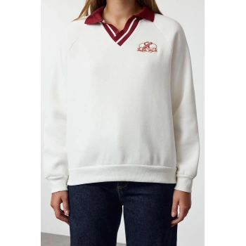 Kadın Moda Şık Bol Polo Yaka Düşük Kol Uzun Nakışlı Gneiş Kalıp Kalın İçi Polarlı Örme Sweatshirt