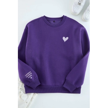 Kadın Regular Bisiklet Yaka Düşük Kol Regular Nakışlı Normal Kalıp Kalın İçi Polarlı Örme Sweatshirt