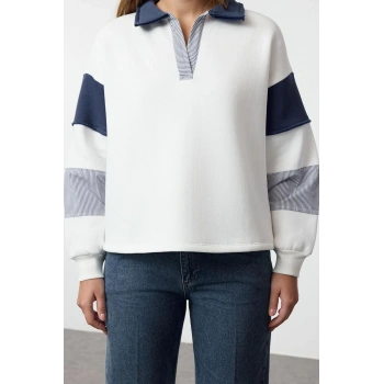 Kadın Moda Şık Bol Polo Yaka Düşük Kol Uzun Dokuma Garnili Geniş Kalıp Örme Sweatshirt