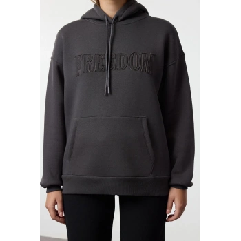 Kadın Moda Şık Bol Kapüşonlu Düşük Kol Uzun Geniş Kalıp Kalın İçi Polarlı Örme Sweatshirt