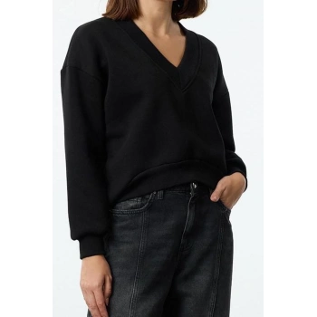 Kadın Regular V Yaka Düşük Kol Regular Basic Normal Kalıp V yaka Kalın İçi Polarlı Örme Sweatshirt