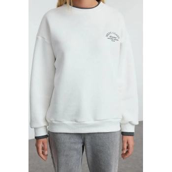 Kadın Moda Bol Bisiklet Yaka Düşük Kol Uzun Slogan Nakışlı Kalıp Kalın İçi Polarlı Örme Sweatshirt