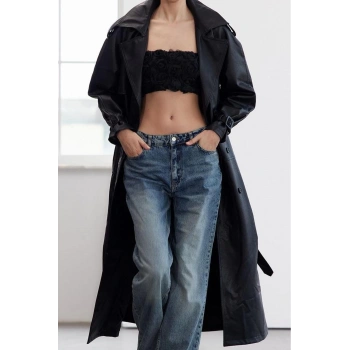 Kadın Moda Şık Oversize Ceket Yaka Uzun Düz Astarlı Kemerli Oversize Suni Deri Trençkot