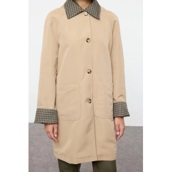 Kadın Moda Şık Regular Gömlek Yaka Uzun Ekose Astarlı Ekose Astarlı Regular Midi Trençkot