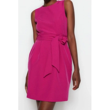 Kadın Moda Şık Mini Boy Bisiklet Yaka Regular Kuşaklı Vücudu Saran Dokuma Elbise