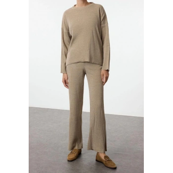 Kadın Moda Şık Boru Paça Regular Boy Uzun Kollu Basic Bisiklet Yaka Triko Alt-Üst Takım