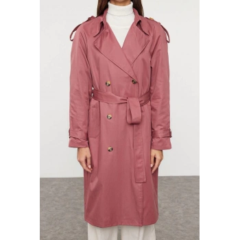 Kadın Moda Şık Regular Ceket Yaka Uzun Düz Astarlı Regular Kuşaklı Trençkot