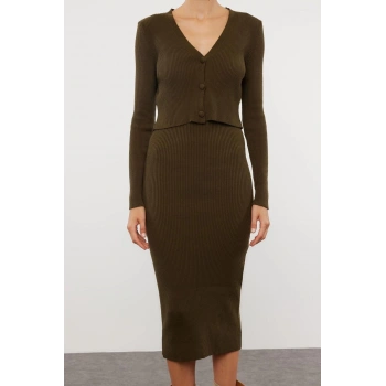 Kadın Moda Şık Midi Boy V Yaka Slim Vücuda Oturan Triko Hırka Elbise Takım