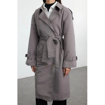 Kadın Moda Şık Oversize Ceket Yaka Uzun Düz Astarlı Oversize Kuşaklı Trençkot