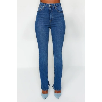 Kadın Moda Şık Kot Pantolon Boru Paça Uzun Boy Denim Yırtmaçlı Süper Yüksek Bel Slim Jeans