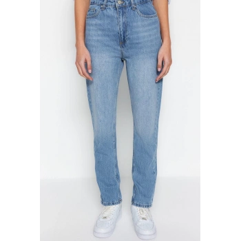 Kadın Moda Şık Kot Pantolon Boru Paça Regular Boy Denim Mavi Yüksek Bel Straight Jeans