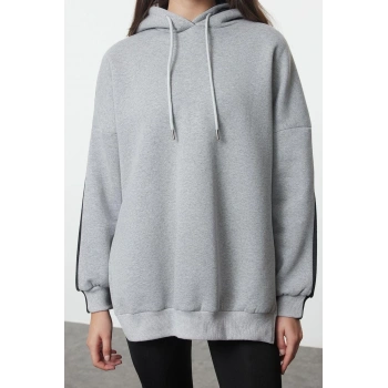 Kadın Moda Şık Oversize Kapüşonlu Düşük Kol Uzun Geniş Kalıp İçi Polarlı Örme Spor Sweatshirt