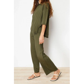 Kadın Moda Şık Regular Boy Kısa Kollu Basic Fitilli Triko Alt-Üst Takım