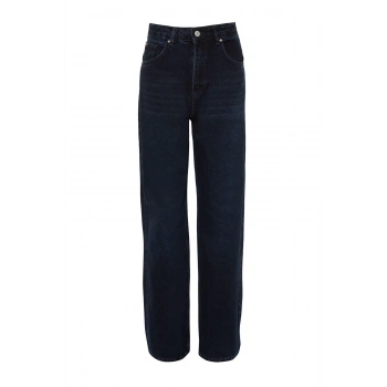 Kadın Moda Şık Kot Pantolon Geniş Paça Uzun Boy Denim Gece Mavisi Yüksek Bel Jeans