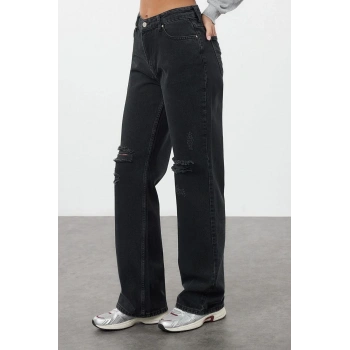 Kadın Moda Şık Kot Pantolon Geniş Paça Regular Boy Denim Vintage Yırtık Detaylı Düşük Bel Jeans