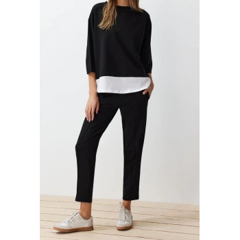 Kadın Moda Şık Boru Paça Truvakar Kollu Relaxed Kalıp Dokuma Örme Bluz Pantolon Alt-Üst Takım