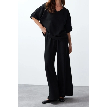 Kadın Moda Şık Regular Boy Uzun Kollu V Yaka Dokuma Bluz-Pantolon Takım
