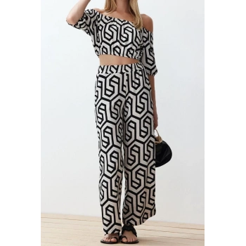 Kadın Moda Şık Geniş Paça Uzun Boy Baskılı Carmen Yaka Crop Esnek Örme Bluz Pantolon Alt-Üst Takım