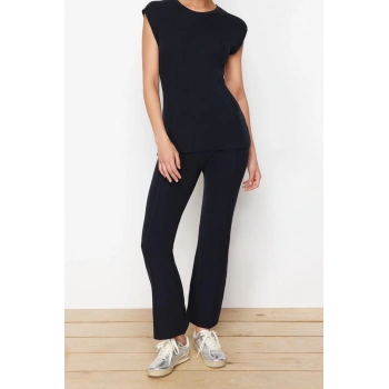 Kadın Moda Şık Regular Boy Uzun Kollu Pamuklu İnce Bluz Pantalon Triko Alt-Üst Takım